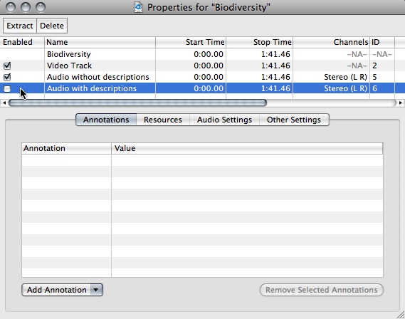 Show Movie Properties window with the described-audio track unchecked.