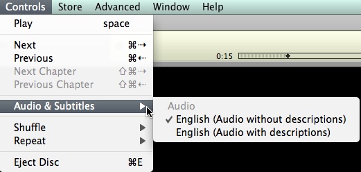 The Audio & Subtitles submenu in iTunes.