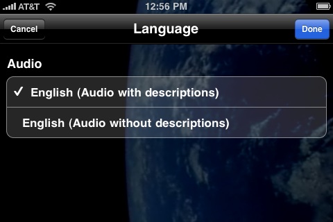Alternate language menu showing choices for audio with and without descriptions.