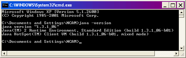 MS-DOS Window showing java -version command output
