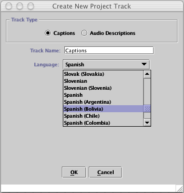 Create New Project Track dialog