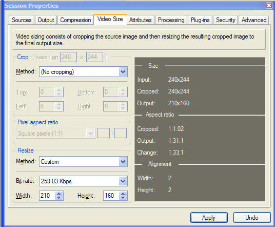 The Session Properties dialog box with the Video tab selected.