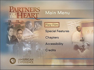 Partners of the Heart Main Menu with five options, 'Play Film,' 'Special Features,' Chapters,' 'Accessibility,' and 'Credits'